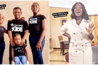 Mercy Johnson reacts after her son asks for a baby brother