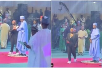 Reactions as President Buhari stares at Teni after she received her award
