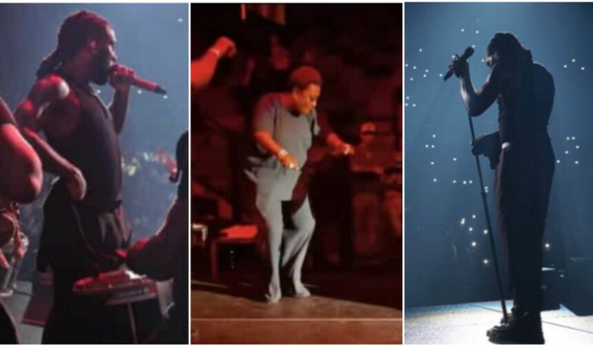 Burna Boy’s mum scatters dance floor backstage with amazing leg work while her son performs 
