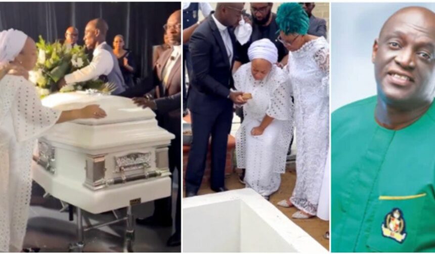 Sammie Okposo’s wife Ozioma weeps uncontrollably as her husband is finally buried