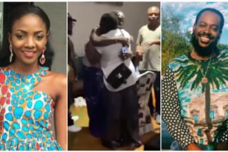Drama as Simi reacts when after female fan tightly hugs Adekunle Gold in her presence