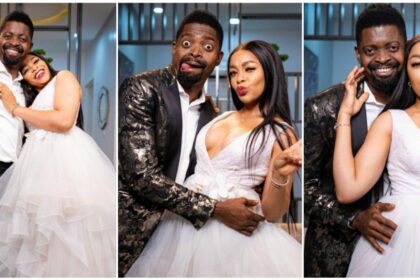 Reactions as Basketmouth is pictured with beautiful lady in wedding dress