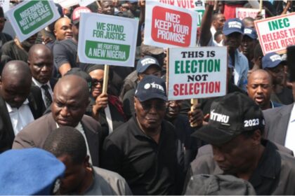 Atiku, Melaye. others lead protesters to INEC headquarters on election grievances