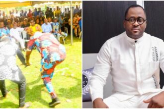 Desmond Elliot prostrates before Surulere residents as he begs for votes