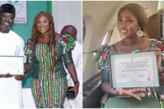 Election victory: Mercy Johnson’s husband Odiasen Okojie dedicates his certificate of return to his wife