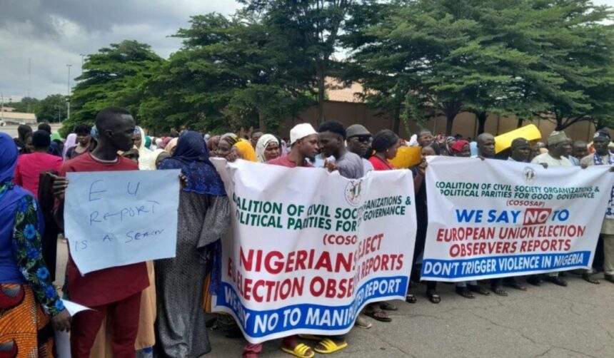 ‘Conscienceless protest merchants’ - Nigerians berate APC-backed protesters for laying siege on EU office in Abuja
