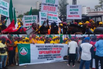 TUC and RTEAN members protest at the Lagos assembly