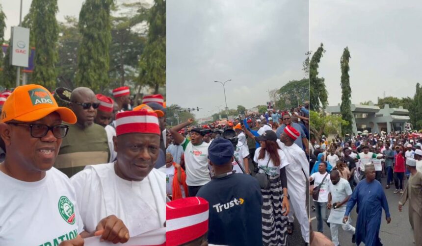 ADC Members, Obi, Atiku, Tambuwal, David Mark, Others Protest INEC's Rejection of Party Leaders